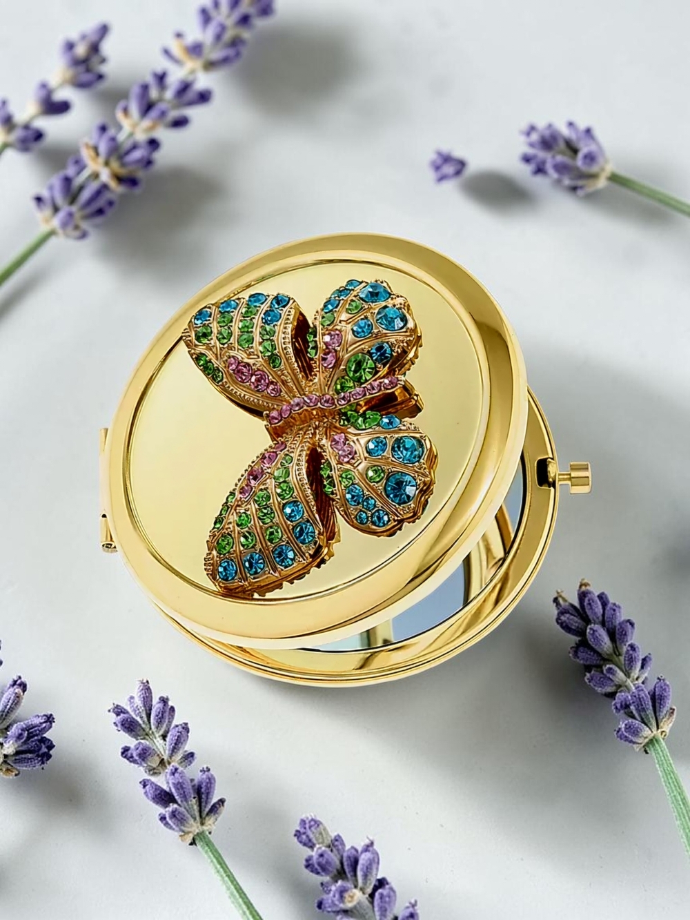 NEW Monet Jewelry Gold Tone Butterfly Snap Compact Mirror with Box 2.75" NWT